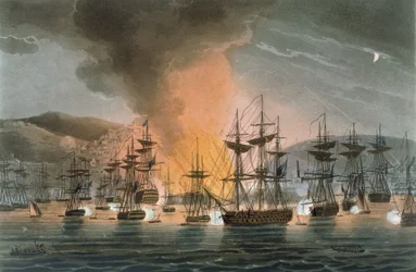 Bombardowanie Algieru, 27 sierpnia 1816, z „The Naval Achievements of Great Britain” Jamesa Jenkinsa, sztychowane przez Thomasa Sutherlanda (b.c.1785), opublikowane 1817 (akwatinta ręcznie kolorowana)
